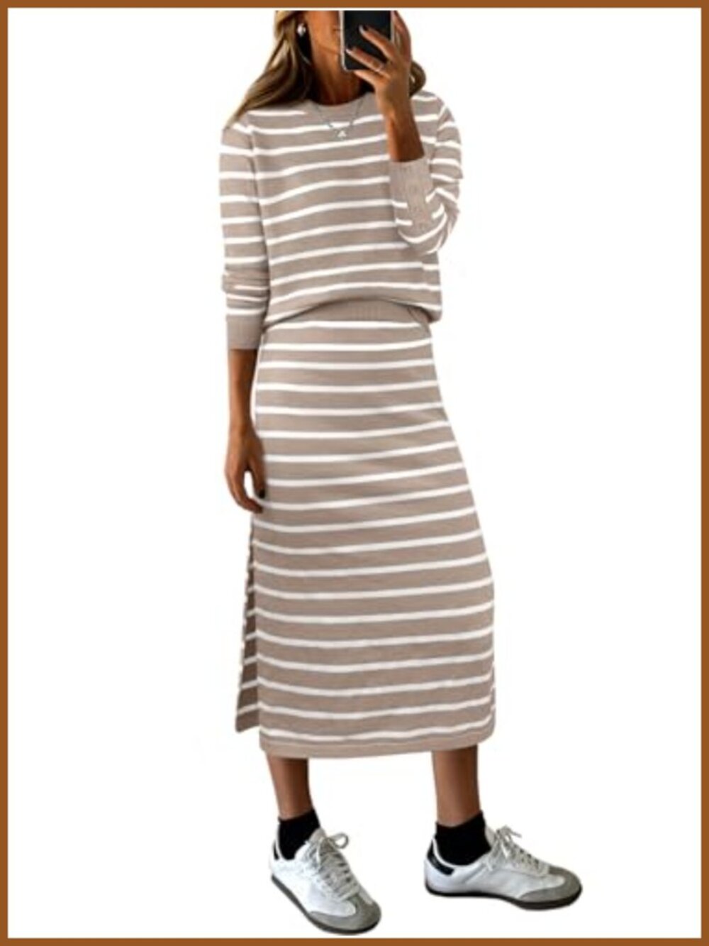 Women's 2-Piece Striped Sweater Skirt Set Long Sleeve Midi Skirt Loungewear